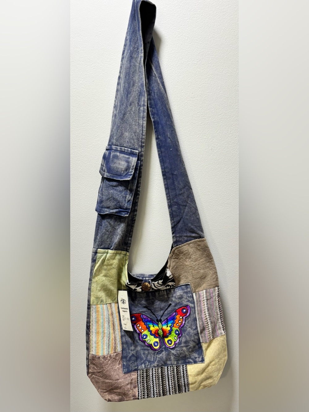 Boho Patchwork Butterfly Crossbody Bag Blue Multi Kathmandu Imports New Tags